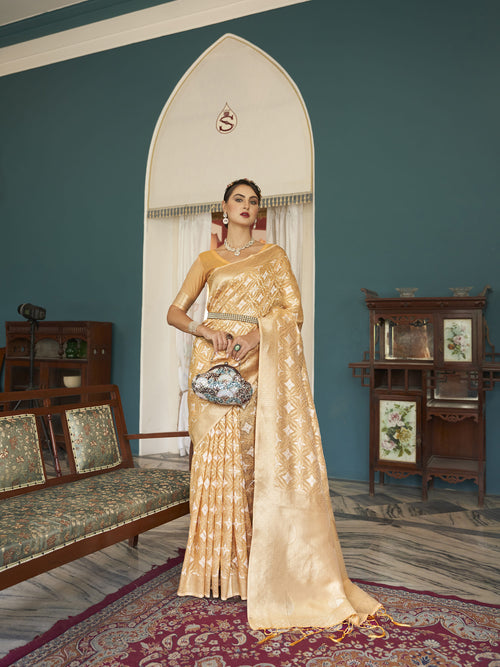 Dista Elora Orange Cotton Silk Ikkat Zari Designer Saree for Women