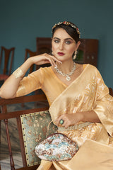 Dista Elora Orange Cotton Silk Ikkat Zari Designer Saree for Women, view 3