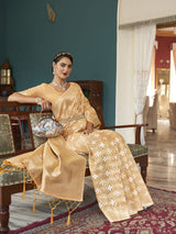 Dista Elora Orange Cotton Silk Ikkat Zari Designer Saree for Women, view 5
