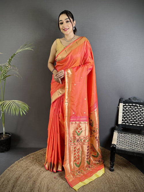 Dista Elora Orange Lichi Silk Floral Ikat Motifs Zari weaving Paithani Saree