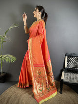 Dista Elora Orange Lichi Silk Floral Ikat Motifs Zari weaving Paithani Saree, view 2