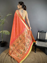 Dista Elora Orange Lichi Silk Floral Ikat Motifs Zari weaving Paithani Saree, view 3
