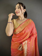Dista Elora Orange Lichi Silk Floral Ikat Motifs Zari weaving Paithani Saree, view 4