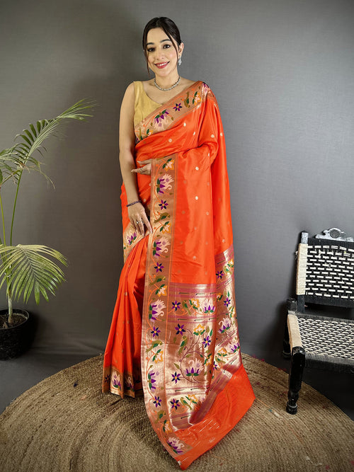 Dista Elora Orange Lichi Silk Floral & Meena Weaving Zari Worked Paithani Saree
