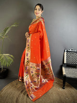 Dista Elora Orange Lichi Silk Floral & Meena Weaving Zari Worked Paithani Saree, view 2