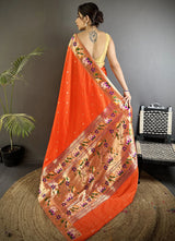 Dista Elora Orange Lichi Silk Floral & Meena Weaving Zari Worked Paithani Saree, view 3