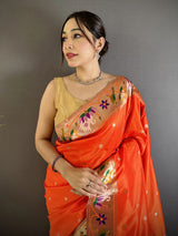 Dista Elora Orange Lichi Silk Floral & Meena Weaving Zari Worked Paithani Saree, view 4