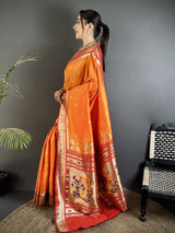 Dista Elora Orange Lichi Silk Floral Motifs Zari Weaving Paithani Saree, view 2
