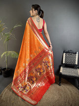 Dista Elora Orange Lichi Silk Floral Motifs Zari Weaving Paithani Saree, view 3