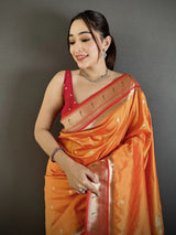 Dista Elora Orange Lichi Silk Floral Motifs Zari Weaving Paithani Saree, view 4