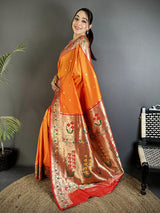 Dista Elora Orange Lichi Silk Ikkat Floral Motifs Zari Woven Paithani Saree, view 2