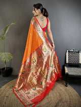 Dista Elora Orange Lichi Silk Ikkat Floral Motifs Zari Woven Paithani Saree, view 3