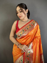 Dista Elora Orange Lichi Silk Ikkat Floral Motifs Zari Woven Paithani Saree, view 4