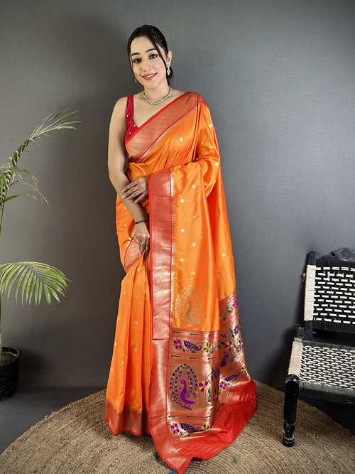 Dista Elora Orange Lichi Silk Paithani Peacock Motifs Zari Work Saree