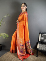 Dista Elora Orange Lichi Silk Paithani Peacock Motifs Zari Work Saree, view 2