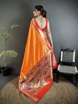 Dista Elora Orange Lichi Silk Paithani Peacock Motifs Zari Work Saree, view 3