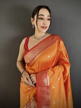 Dista Elora Orange Lichi Silk Paithani Peacock Motifs Zari Work Saree, view 4