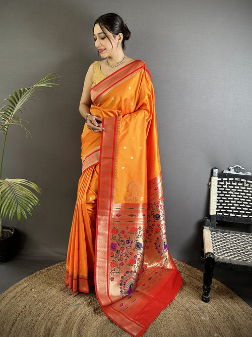Dista Elora Orange Lichi Silk Peacock & Floral Motifs Zari Weaving Paithani Saree