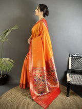 Dista Elora Orange Lichi Silk Peacock & Floral Motifs Zari Weaving Paithani Saree, view 2
