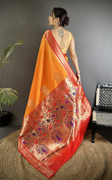 Dista Elora Orange Lichi Silk Peacock & Floral Motifs Zari Weaving Paithani Saree, view 3