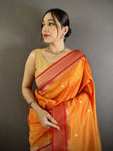 Dista Elora Orange Lichi Silk Peacock & Floral Motifs Zari Weaving Paithani Saree, view 4