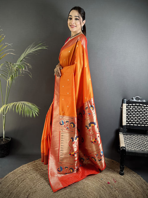 Dista Elora Orange Lichi Silk Peacock Motifs Zari weaving Paithani Saree