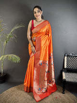 Dista Elora Orange Lichi Silk Peacock Motifs Zari weaving Paithani Saree, view 2