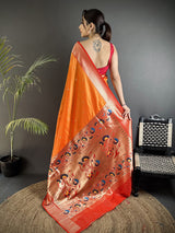 Dista Elora Orange Lichi Silk Peacock Motifs Zari weaving Paithani Saree, view 3