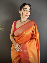 Dista Elora Orange Lichi Silk Peacock Motifs Zari weaving Paithani Saree, view 4