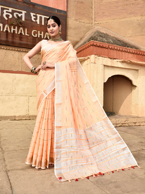 Dista Elora Orange Linen Butti Weave Ikkat Festive & Traditional Designer Saree