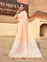 Dista Elora Orange Linen Butti Weave Ikkat Festive & Traditional Designer Saree, view 2