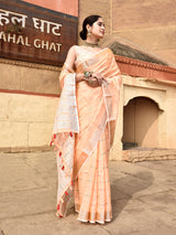 Dista Elora Orange Linen Butti Weave Ikkat Festive & Traditional Designer Saree, view 3