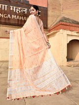 Dista Elora Orange Linen Butti Weave Ikkat Festive & Traditional Designer Saree, view 4