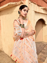 Dista Elora Orange Linen Butti Weave Ikkat Festive & Traditional Designer Saree, view 5