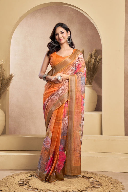 Dista Elora Orange Linen Floral Motifs Printed Ready To Wear Saree