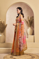 Dista Elora Orange Linen Floral Motifs Printed Ready To Wear Saree, view 2