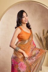 Dista Elora Orange Linen Floral Motifs Printed Ready To Wear Saree, view 4