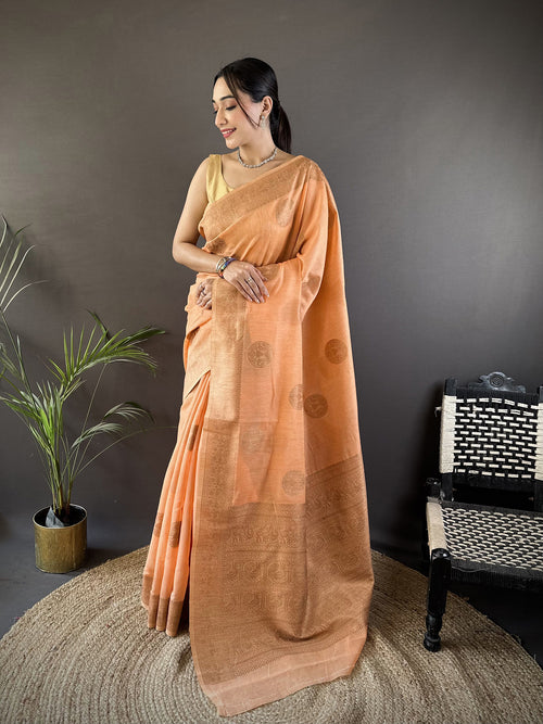 Dista Elora Orange Linen Silk Floral & Paisley Jacquard Zari Woven Banarasi Saree