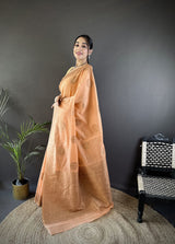 Dista Elora Orange Linen Silk Floral & Paisley Jacquard Zari Woven Banarasi Saree, view 2