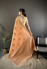 Dista Elora Orange Linen Silk Floral & Paisley Jacquard Zari Woven Banarasi Saree, view 3
