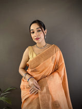 Dista Elora Orange Linen Silk Floral & Paisley Jacquard Zari Woven Banarasi Saree, view 4