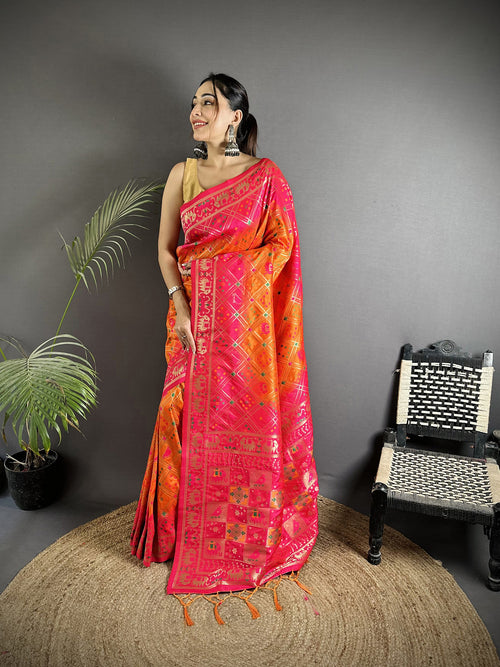 Dista Elora Orange & Pink Soft Silk Geometric Zari Woven Patola Saree