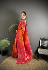 Dista Elora Orange & Pink Soft Silk Geometric Zari Woven Patola Saree, view 2