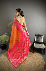 Dista Elora Orange & Pink Soft Silk Geometric Zari Woven Patola Saree, view 3