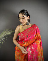 Dista Elora Orange & Pink Soft Silk Geometric Zari Woven Patola Saree, view 4