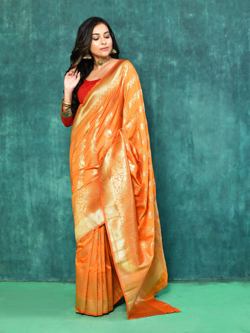 Dista Elora Orange Silk Pure Banarasi Woven Designer Saree For Women