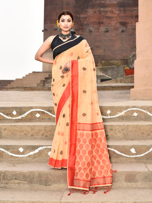 Dista Elora Orange Soft Cotton Butti Weaving Handloom Casual Saree