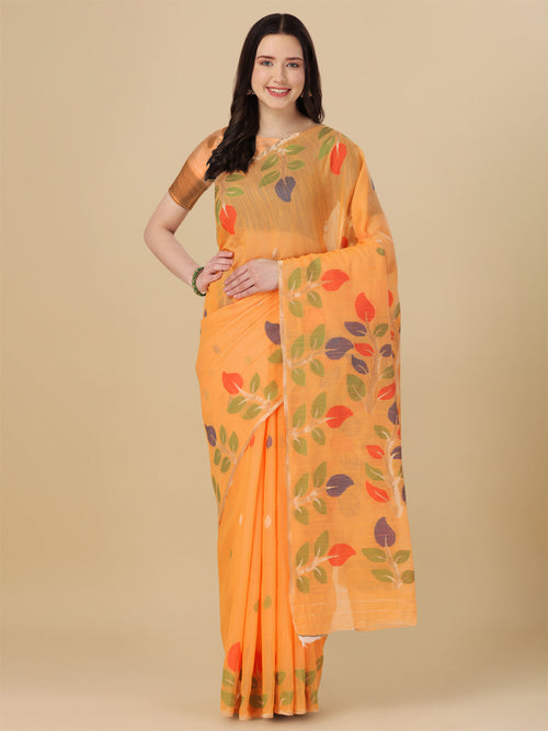 Dista Elora Orange Soft Cotton Floral Printed Bhagalpuri Designer Saree