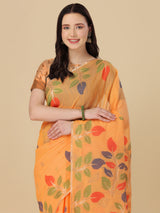 Dista Elora Orange Soft Cotton Floral Printed Bhagalpuri Designer Saree, view 2
