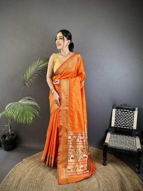Dista Elora Orange Soft Lichi Silk Butti Meenakari Work Paithani Saree
